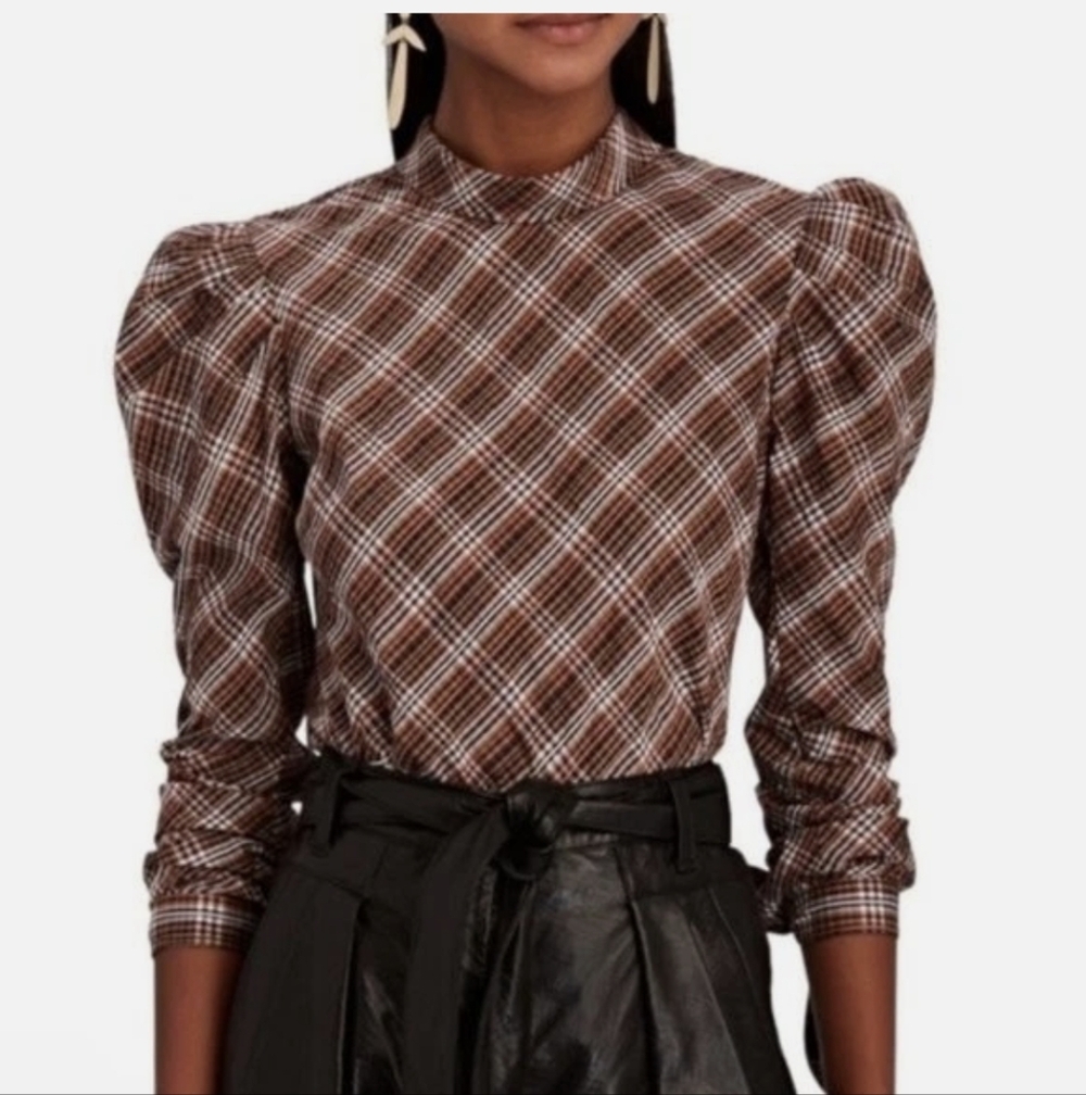 Veronica Beard Isabel Plaid Brown Puff Sleeve Button Back Blouse Size 8 - Picture 10 of 11